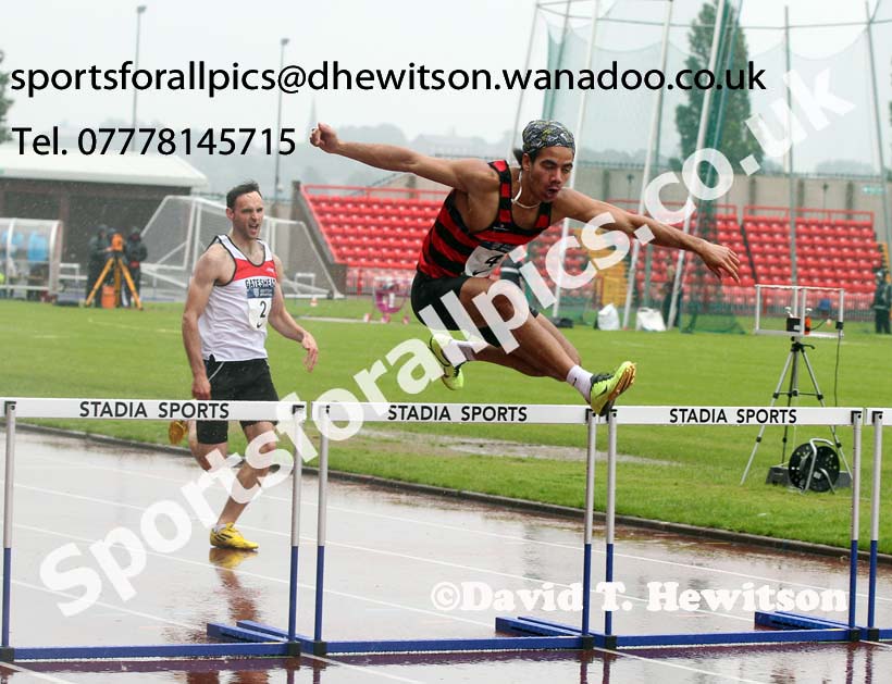 Ashby Blade (HHH) wins the 400 metres hurdles, British National League, Division 1, Gateshead. Photo: David T. Hewitson/Sports for All Pics